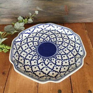 【六角形皿 24cm  】青白陶器青白食器パイナップル柄陶器 小鉢タイ料理アジアン料理タイ雑貨