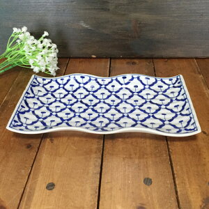 【長方形角型波型 平皿 26cm 】青白陶器青白食器パイナップル柄長方形皿タイ料理アジアン料理タイ雑貨