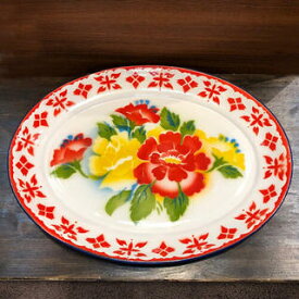 【ホーロー 大皿 55cm】大皿 楕円型華やかな花柄　大皿タイ料理　エスニック料理タイ雑貨　アジアン雑貨食器　陶器