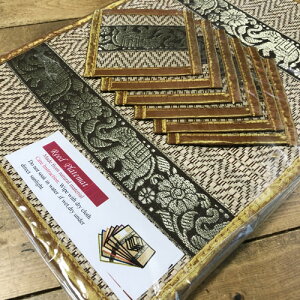 【ランチョンマット(小サイズ)】【象柄×6枚組・茶】(テープ幅細)・ランチョンマット&コースター6枚セット・葦がしっかり編まれて、丈夫に作られています・象のテープ(金糸)で豪