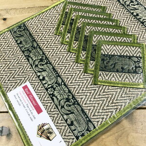 【ランチョンマット(大サイズ)】【象柄×6枚組・グリーン】(テープ幅細)・ランチョンマット&コースター6枚セット・葦がしっかり編まれて、丈夫に作られています・象のテープ(金糸