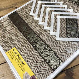 【ランチョンマット(大サイズ)】【象柄×6枚組・白】(テープ幅細)・ランチョンマット&コースター6枚セット・葦がしっかり編まれて、丈夫に作られています・象のテープ(金糸)で豪