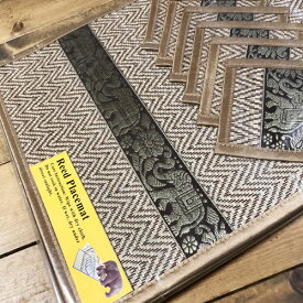 【楽天スーパーセール】【ランチョンマット（大サイズ）】【象柄×6枚組・ベージュ】（テープ幅細）・ランチョンマット＆コースター6枚セット・葦がしっかり編まれて、丈夫に作られています・象のテープ（金糸）で豪華にみえます。