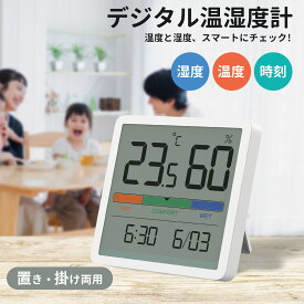 《お得な♪38％OFFクーポン20日23:59迄》温湿度計 デジタル湿度計 室内温度計 壁掛け 卓上スタンド マグネット快適度表示 デート時計付き LCD見やすい大画面 白 梅雨対策 熱中症対策予防 肌の潤い インフル対策 健康管理 温湿度計測定器