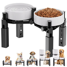 Aystkniet 犬用食器スタンド ダブル 高さ5段階調節（14.7～22.5cm）全犬種対応 中型犬〜大型犬・シニア犬に 滑り止め三脚＋防傾倒設計 静音ストリップ付き 丈夫でお手入れ簡単（ABS樹脂ダブル）