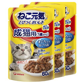 ねこ元気　総合栄養食　パウチ　成猫用（1歳から）　まぐろ入りかつお　60g×3袋　キャットフード【HLS_DU】　関東当日便