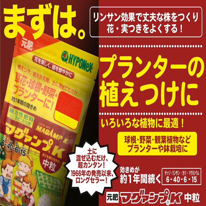 楽天市場】ハイポネックス マグァンプK 中粒 600g 元肥 化成肥料 緩効性肥料 草花 野菜 関東当日便 : charm 楽天市場店 楽天市場】ハイポネックス マグァンプK 中粒 600g 元肥 化成肥料 緩効性肥料 草花 野菜 関東当日便 : charm 楽天市場店