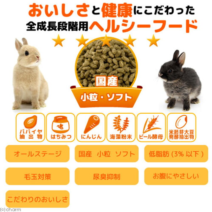 楽天市場 国産 うさぎの食事 少量パック ２００ｇ オールステージ 主食 毛球対策 ヘルシー 餌 エサ ペレット フード ウサギ お一人様一点限り 関東当日便 Charm 楽天市場店