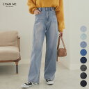 CHAN ME チャンミ ウエストボタンデニムワイドパンツ レディース 25秋冬 ストレッチ 全8色 ロング丈/ショート丈 S/M/L/LL