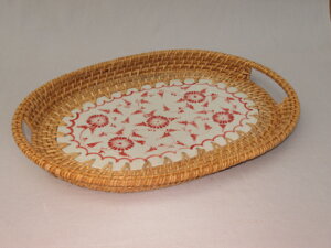 籐&陶器トレイ(品番:38NA-R)ナチュラル レッド 手作り ハンドメイド 雑貨 アジアン雑貨 インテリア