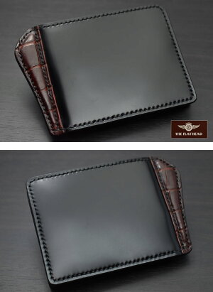 【手縫い】【即納】THEFLATHEADフラットヘッド財布ウォレット≪STOCKBURGストックバーグTLM-W001コードバンクロコダイルマネークリップウォレットブラック/ブラウン≫札バサミ本革メンズ二つ折り財布馬革ワニ革【送料無料】【売れ筋】