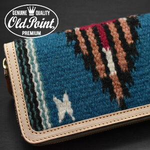 財布/OLDPOINTオールドポイント≪ElPasoエルパソ社製オルテガチマヨ柄ネイティブ柄ラグ生地使用ブルー系タイプAラウンドファスナーウォレット≫ラウンドジッパー/ラウンドジップ/カウレザー/財布/本革/レザーウォレット【楽ギフ_包装】【送料無料】