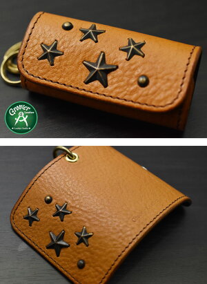 小さめサイズのキーケース【メール便対応】キーホルダーキーケース≪GrooverLeather/グルーバーレザーGKS-100-NBRN真鍮製スタッズ付きキーケースナチュラルブラウンブラスリング付き≫レザー牛革日本製牛皮手作りメンズ財布本皮本革