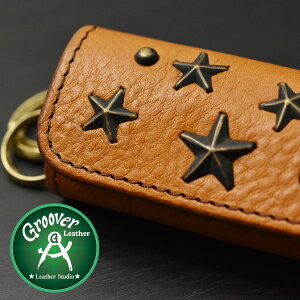 【正規取扱店】小さめサイズのキーケース【メール便対応】キーホルダーキーケース≪GrooverLeather/グルーバーレザーGKS-100-NBRN真鍮製スタッズ付きキーケースナチュラルブラウンブラスリング付き≫レザー牛革日本製メンズ財布本皮本革