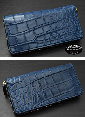 【限定1点物】【純日本製】【手縫いピッチ3.5mm】≪OLDPOINT-CLASSICWORKOFART-オールドポイントジャパンメイド手縫いラウンドファスナーウォレットシャムワニクロコダイル藍染め仕上げインディゴブルータイプ01≫エコレザーワニ革メンズ財布本革