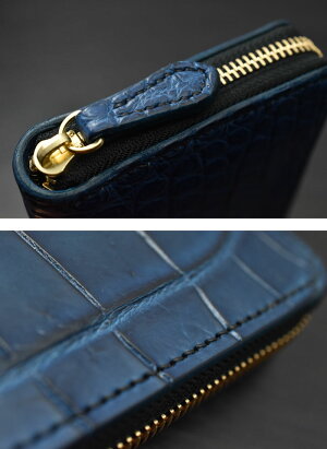 【限定1点物】【純日本製】【手縫いピッチ3.5mm】≪OLDPOINT-CLASSICWORKOFART-オールドポイントジャパンメイド手縫いラウンドファスナーウォレットシャムワニクロコダイル藍染め仕上げインディゴブルータイプ01≫エコレザーワニ革メンズ財布本革