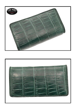 【1点物】【純日本製】【手縫いピッチ3.5mm】≪OLDPOINT-CLASSICWORKOFART-オールドポイントクラシック・ワーク・オブ・アート手縫いベーシックロングウォレットシャムワニクロコダイルカシミアグリーン/ブラック≫ワニ革メンズ財布本革【送料無料】