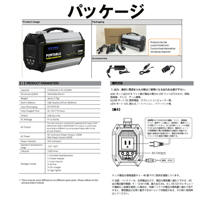 楽天市場 雪災害対策グッズ ポータブル電源 非常用電源 小型発電機 家庭用蓄電池 非常バッテリー 停電対策 3 7v mah 250wh 正弦波 大容量 Dc Usb Ac出力 250w瞬間最大350w 三つの充電方法 ソーラー充電 車中泊グッズ アウトドア 地震台風豪雨災害緊急予備電源地震