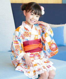 浴衣 子供 セパレート 女の子 浴衣ドレス 4点セット 100 110 120 フリル付き 帯2本 綿100％ キッズ 甚平 幼児 保育園 幼稚園 ゆかた 市松 手毬 八重桜 紫陽花 アジサイ 向日葵 ひまわり 花火 縞 夏祭り 愛々 24906 圧縮