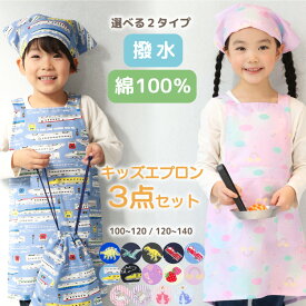 かぶるだけ 撥水 綿100％ キッズ エプロン 三角巾 巾着 3点セット 100-120cm 120-140cm 男の子 女の子 100 110 120 130 140 子供 三角巾付き 恐竜 新幹線 車 プリンセス いちご ユニコーン 入園入学 24902 24932 24932all $$