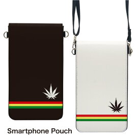 No65 Reggae border スマホポーチ スマートフォンポシェット ポシェット iPhone Android タッチ操作対応 ショルダーベルト 肩掛け 斜め掛け ポーチ 合皮 帆布 ジャケット レゲエ マリファナ マーク ボーダー 白 黒 ラスタカラー ブラック ホワイト d:coo | スマホショルダー