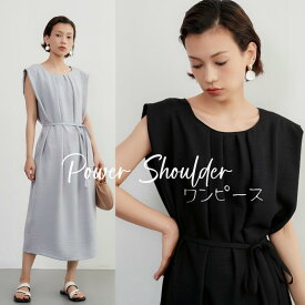 On One's Own パワーショルダータックワンピース クールにドレッシー・パワーショルダー・ワイドショルダー・タックワンピース・ベルトマーク・ノースリーブ レディース ワンピース グレー ブラック 送料無料 日本発送