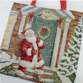 ドールジョゼットのクリスマス革手ラメ入りゴブラン織りトートバッグ「ノックをするサンタさん」宅配便発送