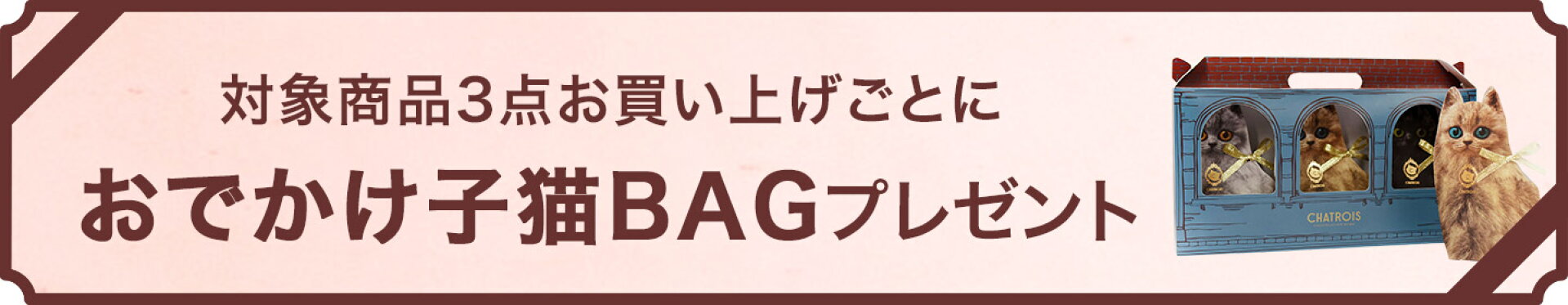 対象商品３点お買い上げごとにおでかけ子猫BAGプレゼント