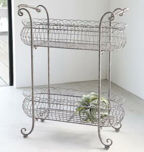 【送料無料】アンティーク ガーデン雑貨 花台 フラワースタンド【コベントガーデン ホワイラス・2段スタンドバスケット】巾69×奥行30×高さ82cm