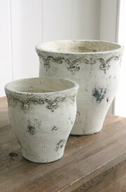 アンティーク調 植木鉢 白 おしゃれ 陶器 プランター シャビーシック 鉢 2点セット Φ18×高さ17.5cm+Φ12.5×高さ13cm