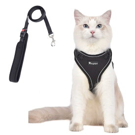 猫 猫用 ハーネス 胴輪 猫具 ねこ ネコ 子猫 子犬 小型犬 散歩 お出かけ 抜けない ベスト ソフト胸あて 軽量 頭を通さずマジックテープで装着 サイズ調節可 夜反射 通気メッシュ (Mサイズ (x 1), ブラック)