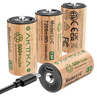 AKTTKA 4本セット 充電式単二電池、1.5Vリチウム電池、7200 mWh、500回以上の充電サイクル、USB-C充電ケ…