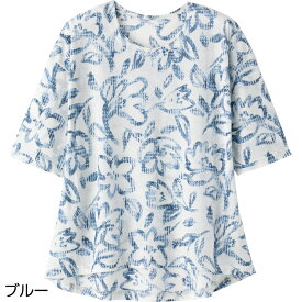 シニアファッション レディース Tシャツ 春夏 全2色 M/L 【 5分袖後ろ長め花柄Tシャツ A16 】 母の日 誕生日プレゼント ギフト シニア レディース 祖母 おばあちゃん 60代 70代 80代 90代