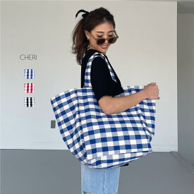 【再入荷・予約商品】トートバッグ　チェック　ピクニック　キャンパス　ビッグ　大容量　撥水　レディース　カジュアル　ママファッション　シンプル　韓国　ビーチ　お出かけ　マザーズバッグ　送料無料　CHERI/チェックピクニックバッグ