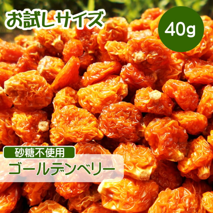 楽天市場 ドライフルーツ ゴールデンベリー 40g ほおずき 砂糖不使用 無添加 ベリー 無糖 チャック付き Cfl 厳選 送料無料 乾燥 果物 ノンシュガー 砂糖未使用 砂糖無添加 添加物不使用 食用ほおずき スーパーフード 無漂白 無加糖 漂白剤不使用 Lab 輸入ベビー