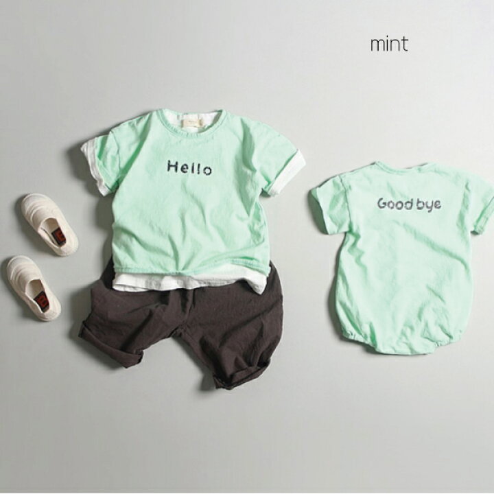 楽天市場 韓国子供服 半袖ｔシャツ キッズ ベビー服 韓国こども服 ロンパース 男の子 女の子 ベビーロンパース アイボリー アイスグレー ミント Hello Good Bye エンボスプリント 夏服 80 90 100 110 1 130 Hyvaa シェリール