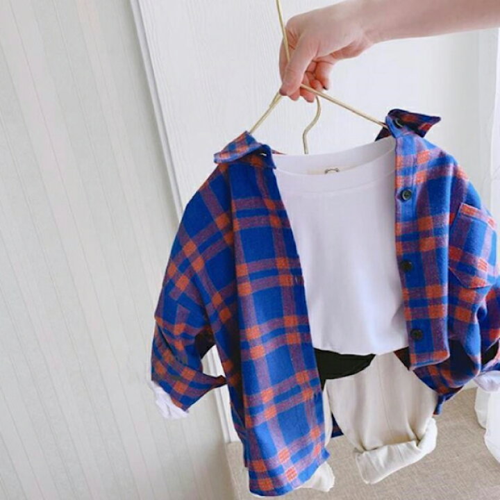 楽天市場 チェックシャツ 長袖 羽織 トップス アウター ハロウィン クリスマス キッズ こども服 ベビー服 男の子 女の子 オレンジ ブルー グリーン カジュアルコーデ シェリール