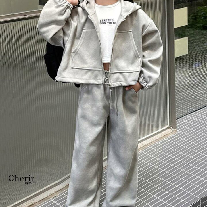 対象商品A キッズ ジュニア ダンス セットアップ スウェット ショート丈 クロップド丈 ジップパーカー グレー ピンク 女の子 120 130 140 150 160 170 韓国ファッション 子供服 長袖 長ズボン フード パーカー シェリール