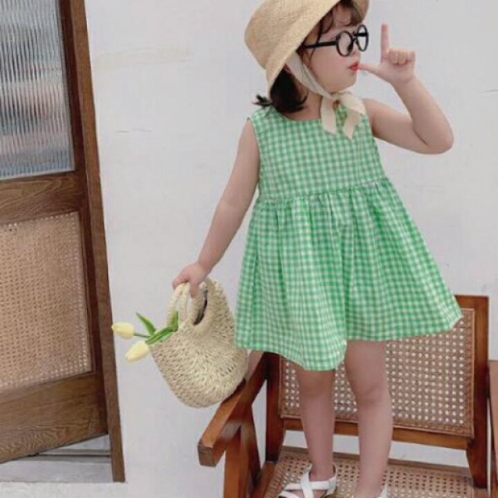 楽天市場 ワンピース ビタミンカラーワンピース ギンガムチェック オレンジ グリーン 春夏 ノースリーブ 女の子 80 90 100 110 1 130 キッズ トップス チェック柄 シェリール