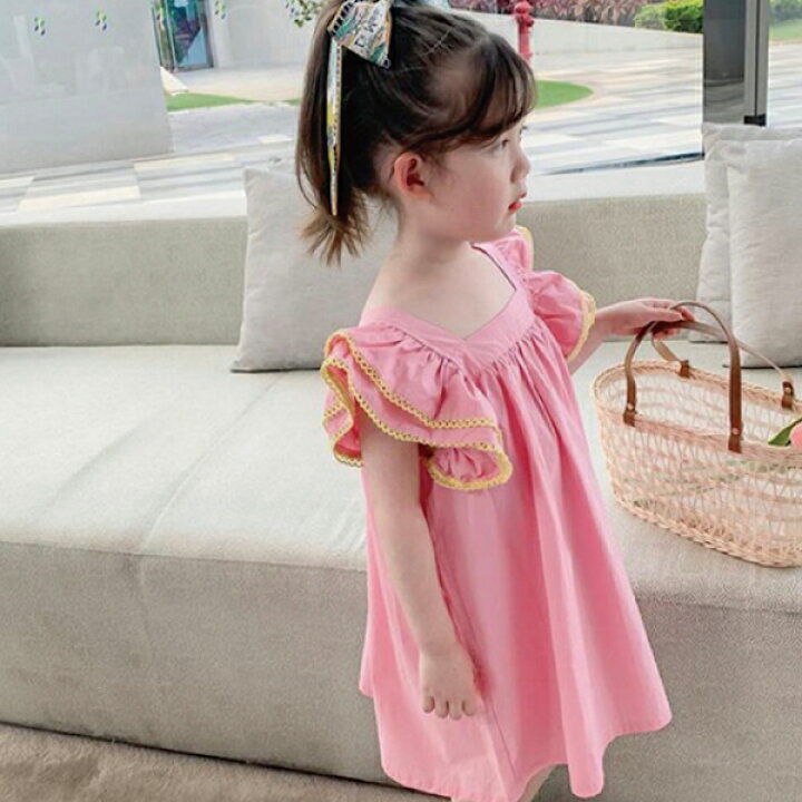 楽天市場 キッズ ワンピース フリル袖 夏服 夏ワンピ ピンク オレンジ リゾートワンピ 女の子 子供服 ベビー服 韓国子供服 ノースリーブ 半袖 90 100 110 1 130 カジュアル シェリール