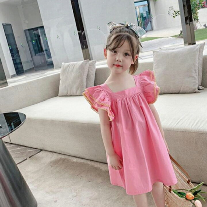 楽天市場 キッズ ワンピース フリル袖 夏服 夏ワンピ ピンク オレンジ リゾートワンピ 女の子 子供服 ベビー服 韓国子供服 ノースリーブ 半袖 90 100 110 1 130 カジュアル シェリール