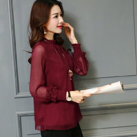 トップス かぶりタイプ シフォン ブラウス (ワインレッド）【フォーマル 二次会 パーティー オフィス 7分袖 長袖】【メール便送料無料】