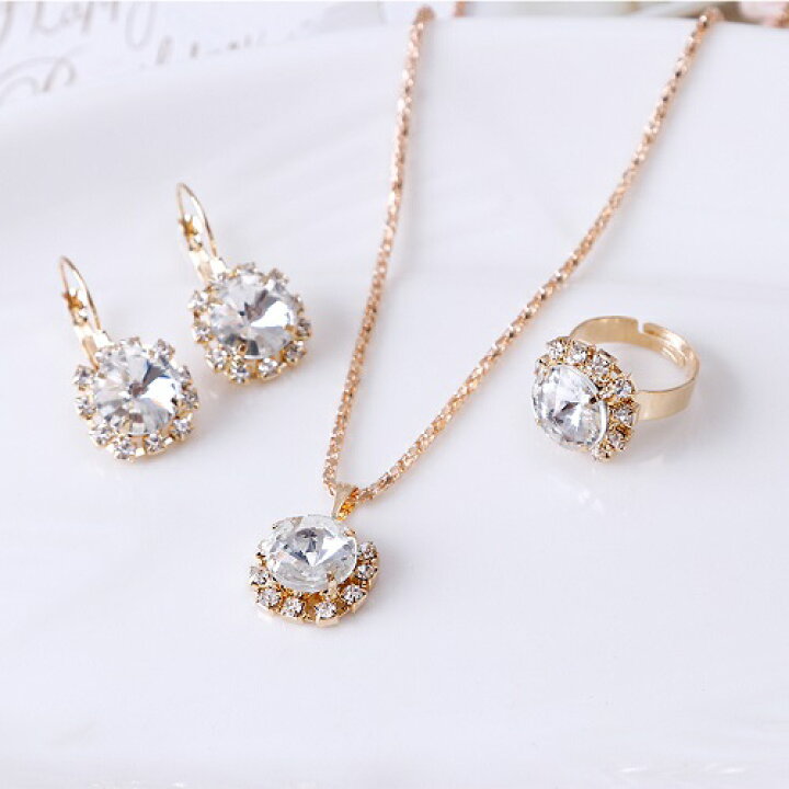 楽天市場】カラービジュー ラインストーンネックレス＆ピアス＆リング 