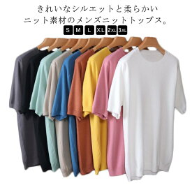 丸首 ニット tシャツ ニット トップス サマーニット メンズ 夏ニット ニット メンズ 半袖 夏服 メンズ Uネック 快適 ゆったり 半袖tシャツ 薄手 蒸し暑くない 柔らかい 無地 定番 レイヤード 送料無料 カジュアル シンプル おしゃれ ファッション