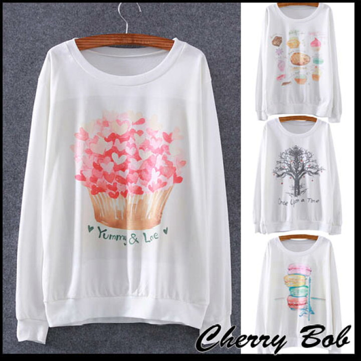 楽天市場 ポップイラストプリント 水彩画タッチ トレーナカットソー メルヘン ケーキ マカロン 薄手 原宿系 ゆるサイズ 18aw Cherry Bob 楽天市場店