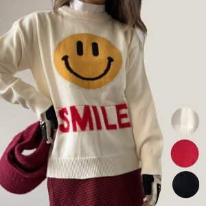 SMILEセーター K250912-01 韓国ゴルフウェア ゴルフウェア レディース トップス ニット カジュアル 羽織り ニコちゃん 秋 冬 安い プチプラ 無地 シンプルトップス ゴルフ女子 可愛い お洒落 韓国