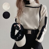 ゴルフウェア レディース ラインポイントニット C231001-01 韓国ゴルフウェア セーター ニット ハイネッ…
