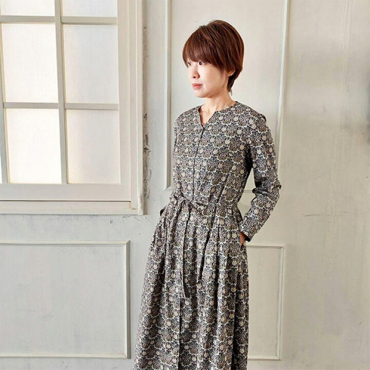 楽天市場 送料無料 Liberty Y衿タックワンピース ペルセフォネ Persephone グレー系 Lサイズ ワンピース 大人服 タナローン リバティ チビチビキッチン
