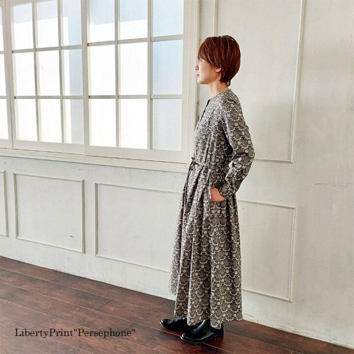 楽天市場 母の日ギフト Liberty Y衿タックワンピース ペルセフォネ Persephone グレー系 Lサイズ ワンピース 大人服 タナローン チビチビキッチン