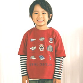 SLAP SLIP スラップスリップ 2枚組Tシャツ（エンジ）プリントパッチ刺繍 1822-56013 90～130cm 【メール便(送料全国330円）対応】